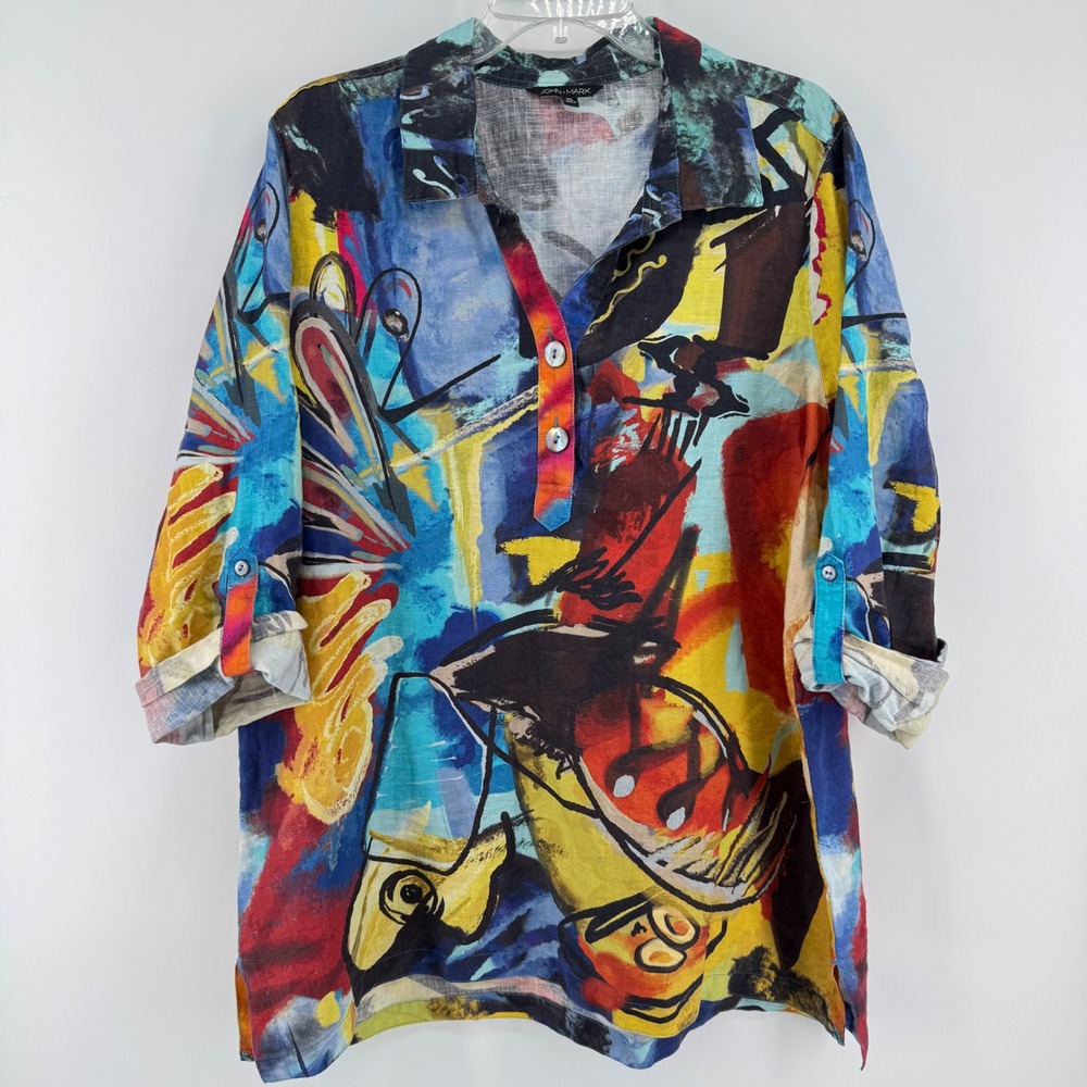 John Mark Linen Tunic Womens XL Multicolor Abstract Art Print Roll Tab Sleeve